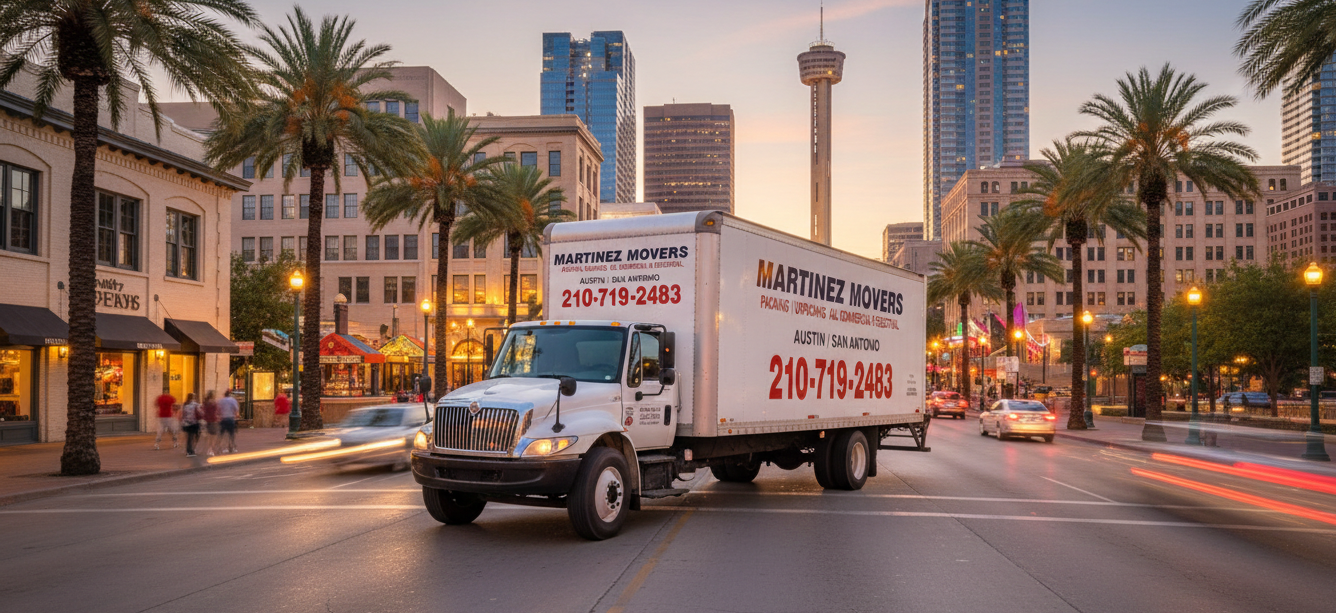 Martínez Movers truck in downtown San Antonio
